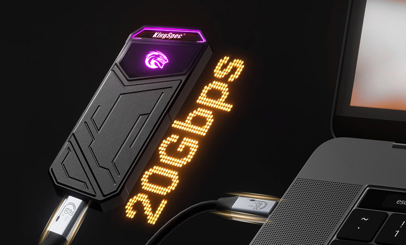 KingSpec portable SSD with glowing 20Gbps text effect, connected to a laptop