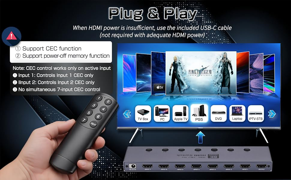 Features:  1. This product is an 8K@60Hz HDMI 2.1 Switch 7 In 1 Out switch  2. Plug-and-play compat