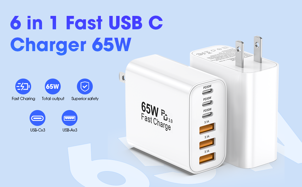 USB C Charger Block, 2 Pack 65W 6 Port USB C Wall Charger,6 in 1 USB Charger Fast Charging PD+QC Pow