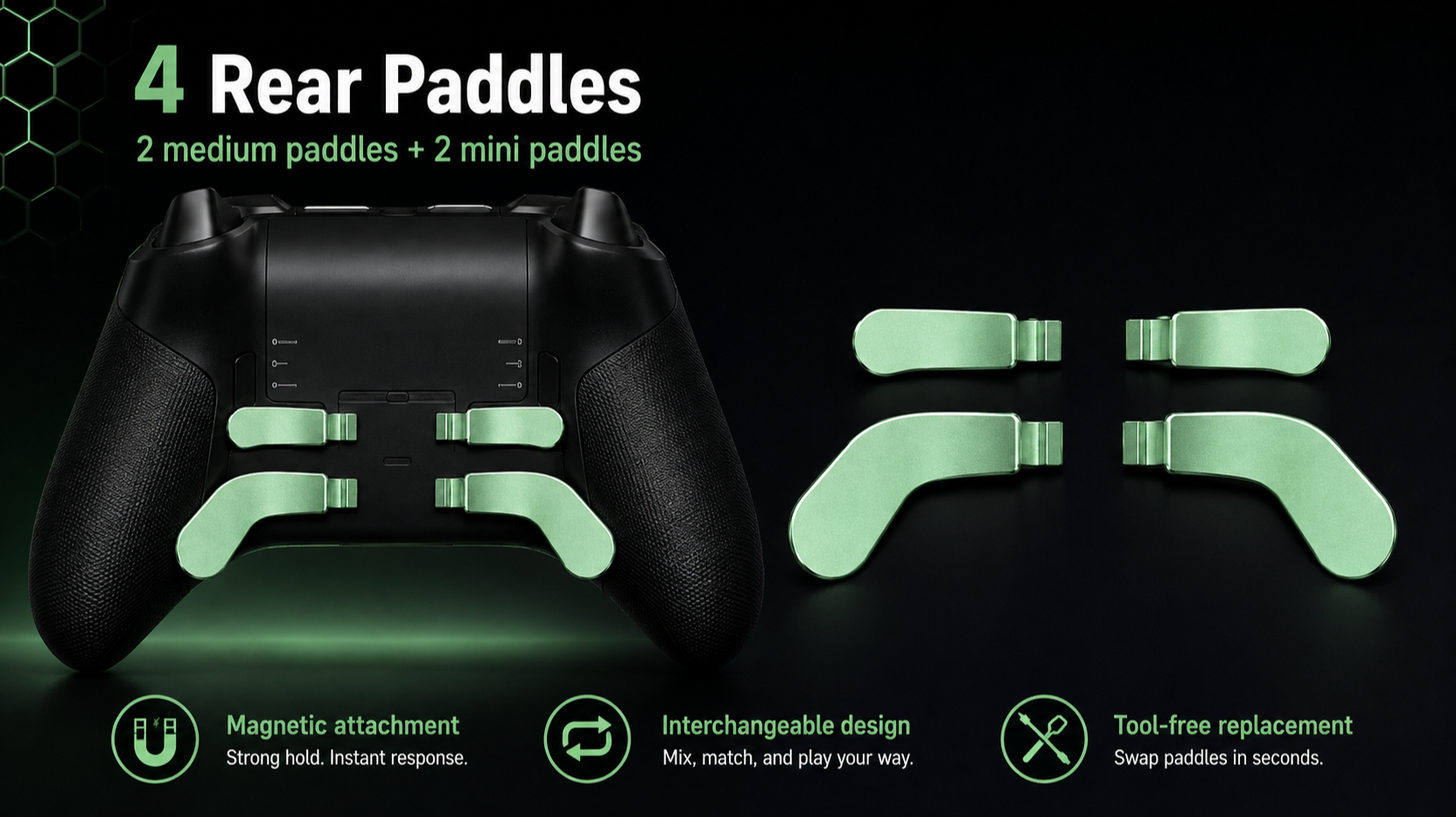 rear paddles, Xbox Elite rear paddles, magnetic paddles, medium and mini paddles, green paddles
