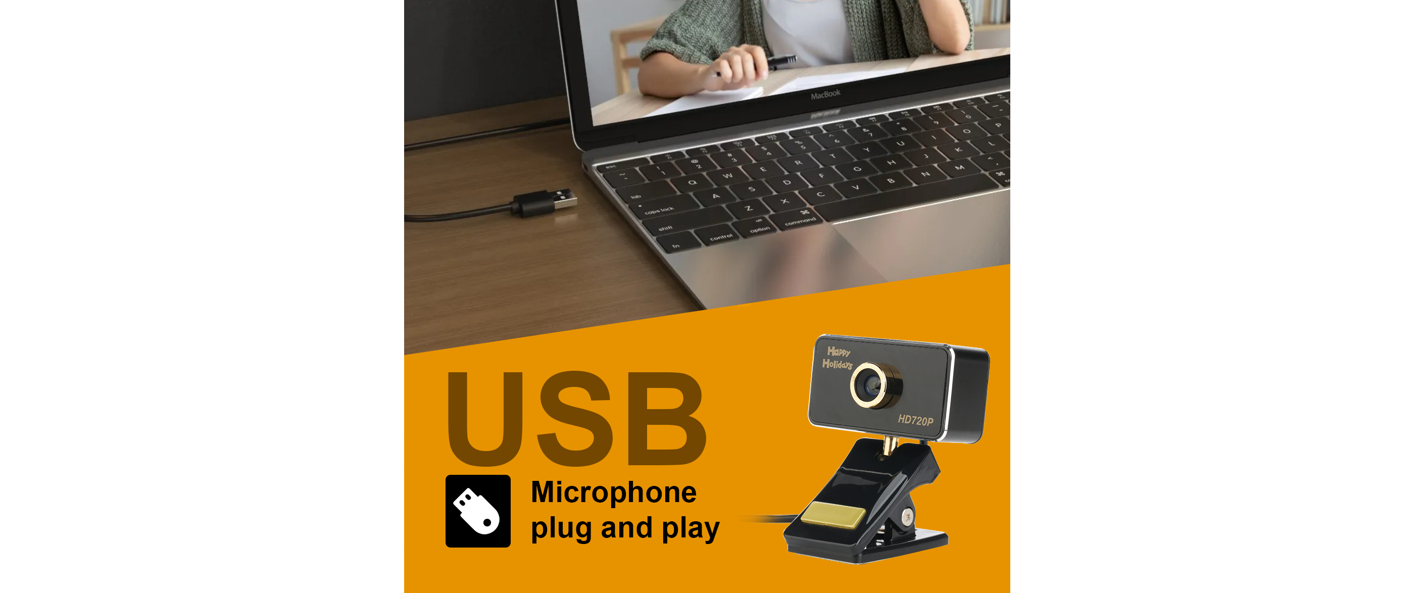 USB plug and play webcam, built in noise cancelling microphone, USB connection
