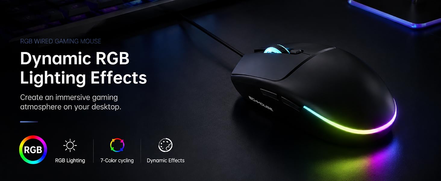 Wired Gaming Mouse RGB, 50g Lightweight Silent USB Mouse -Black | 4 DPI Levels Up To 2400, Silent Cl
