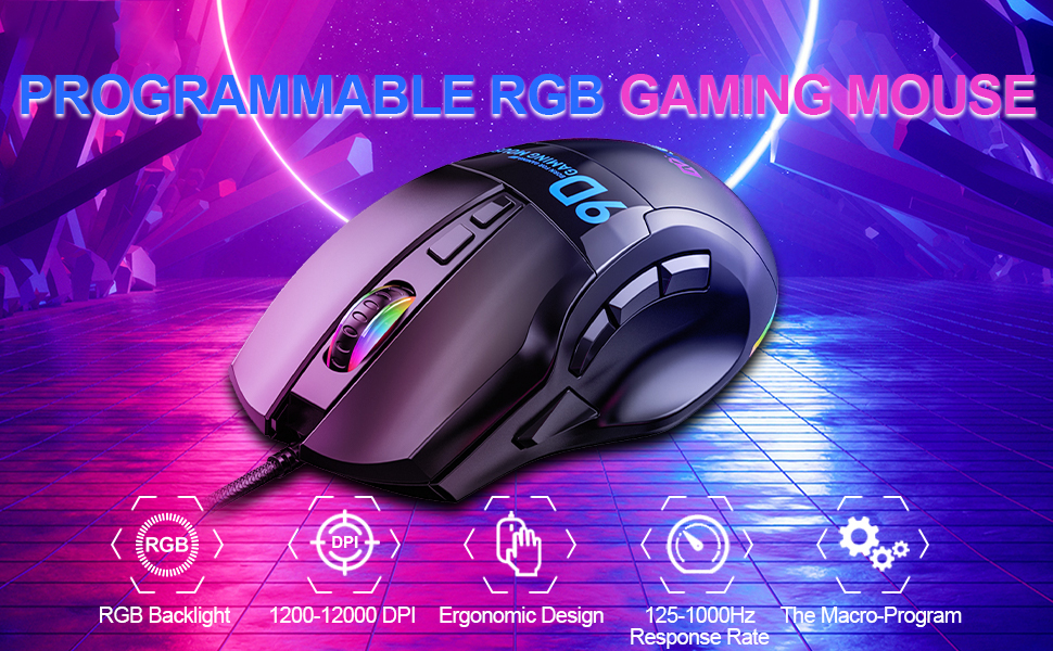  NYIEFADA Wired Gaming Mouse with Side Buttons, Programmable  Ergonomic Thumb Rest- 10000 DPI High-Precision Sensor, 10 Buttons/Shortcut  Flashing RGB Computer Mouse for PC Laptop Gaming : Video Games