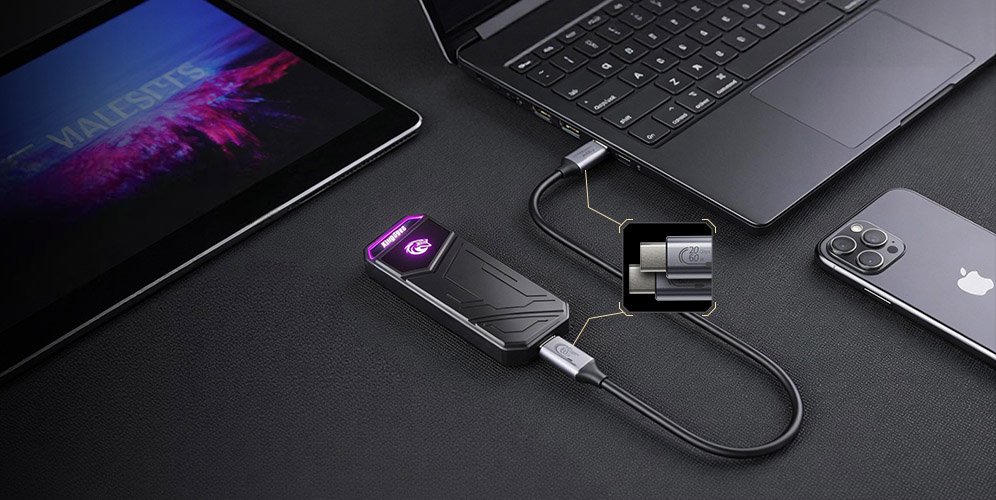 KingSpec SSD connected via Type-C to a laptop, tablet, and smartphone