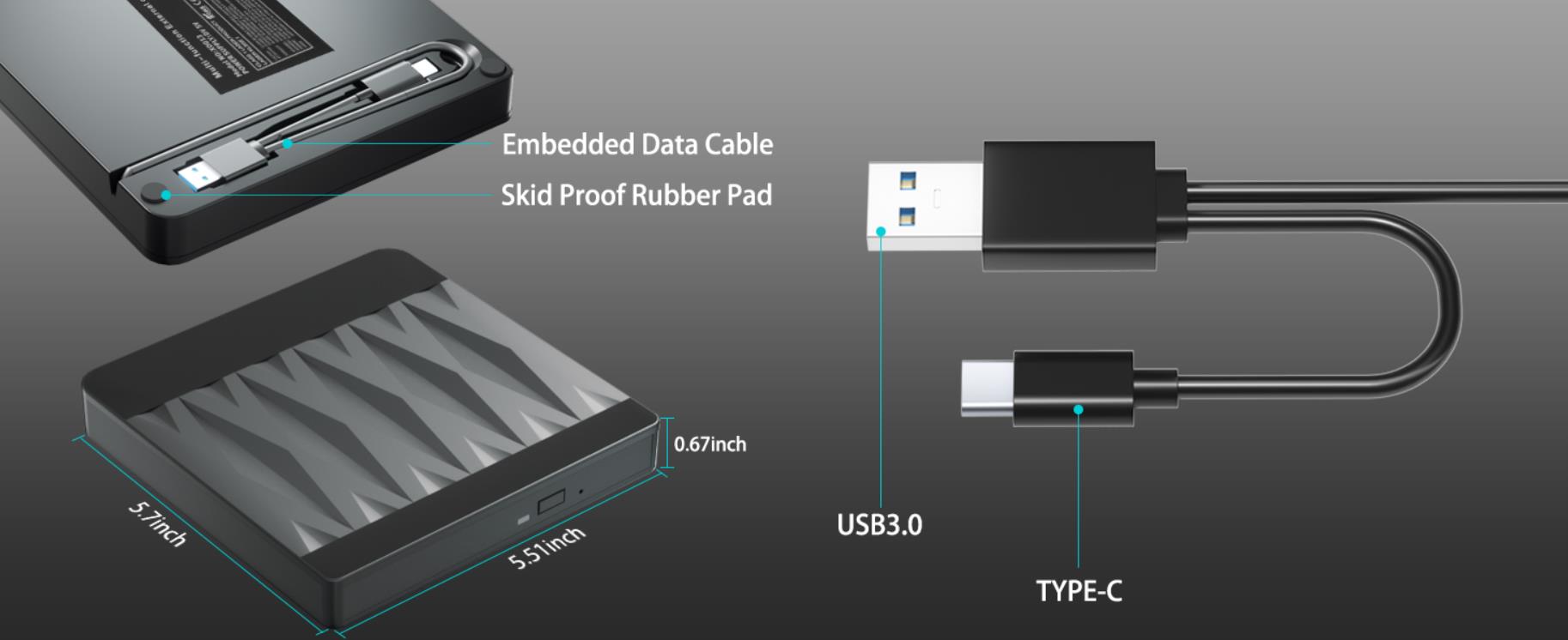 External Blu-Ray Drive, Blu Ray Burner USB 3.0 and Type-C External CD DVD Drive