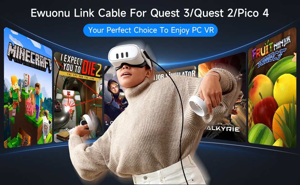 EWUONU Link Cable 16 FT for Meta/Oculus Quest 3/Quest2/Quest Pro/Pico4