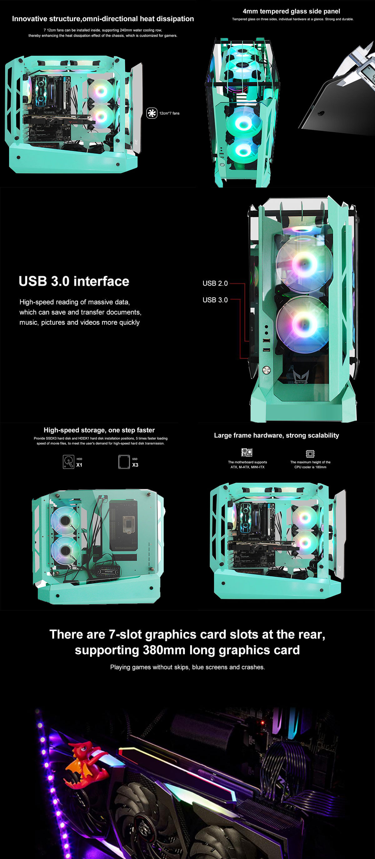 Fangmuzhe Atx Mid Tower Computer Case Ark Gaming Case Water Cooler Diy Pc Case Usb 3 0 Tempered Glass Desktop Case 7 Rgb Fan Positions Without Fans Atx M Atx Mini Ltx White Green Newegg Com