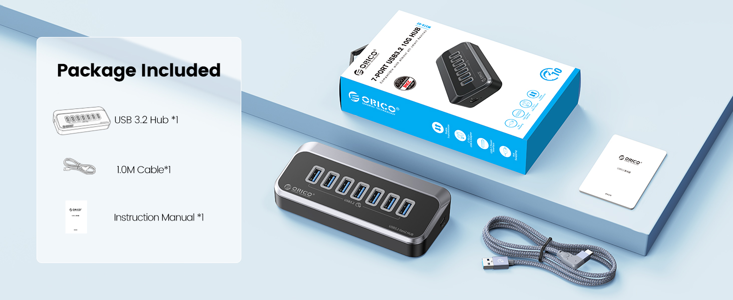 ORICO USB Hub 10Gbps with 7 USB A Ports, USB 3.2 Gen 2 Hub with 3.28Ft USB-A to USB-C Cable USB Spli