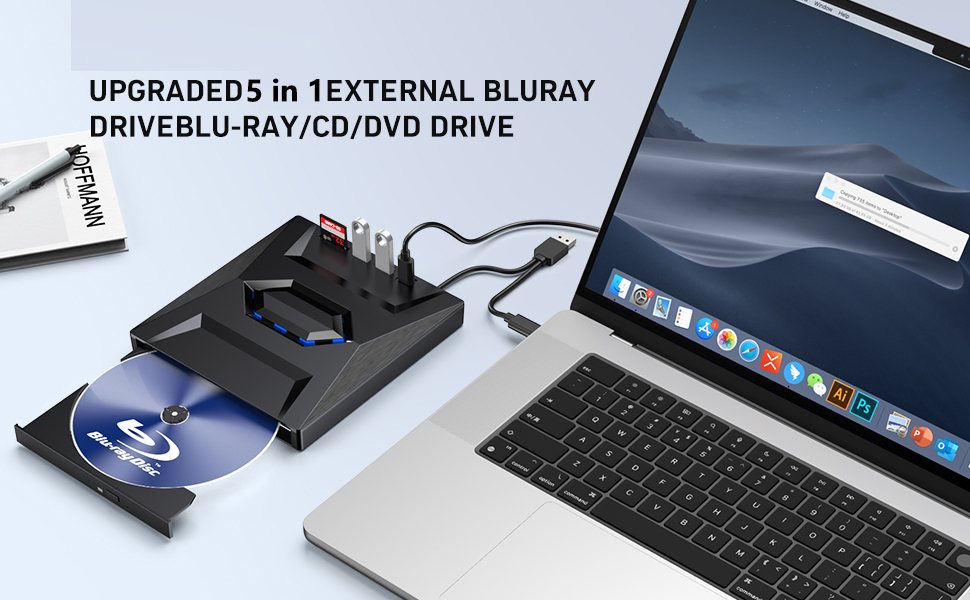 [5 in 1] External Blu Ray Drive, Portable Bluray Player Writer Reader