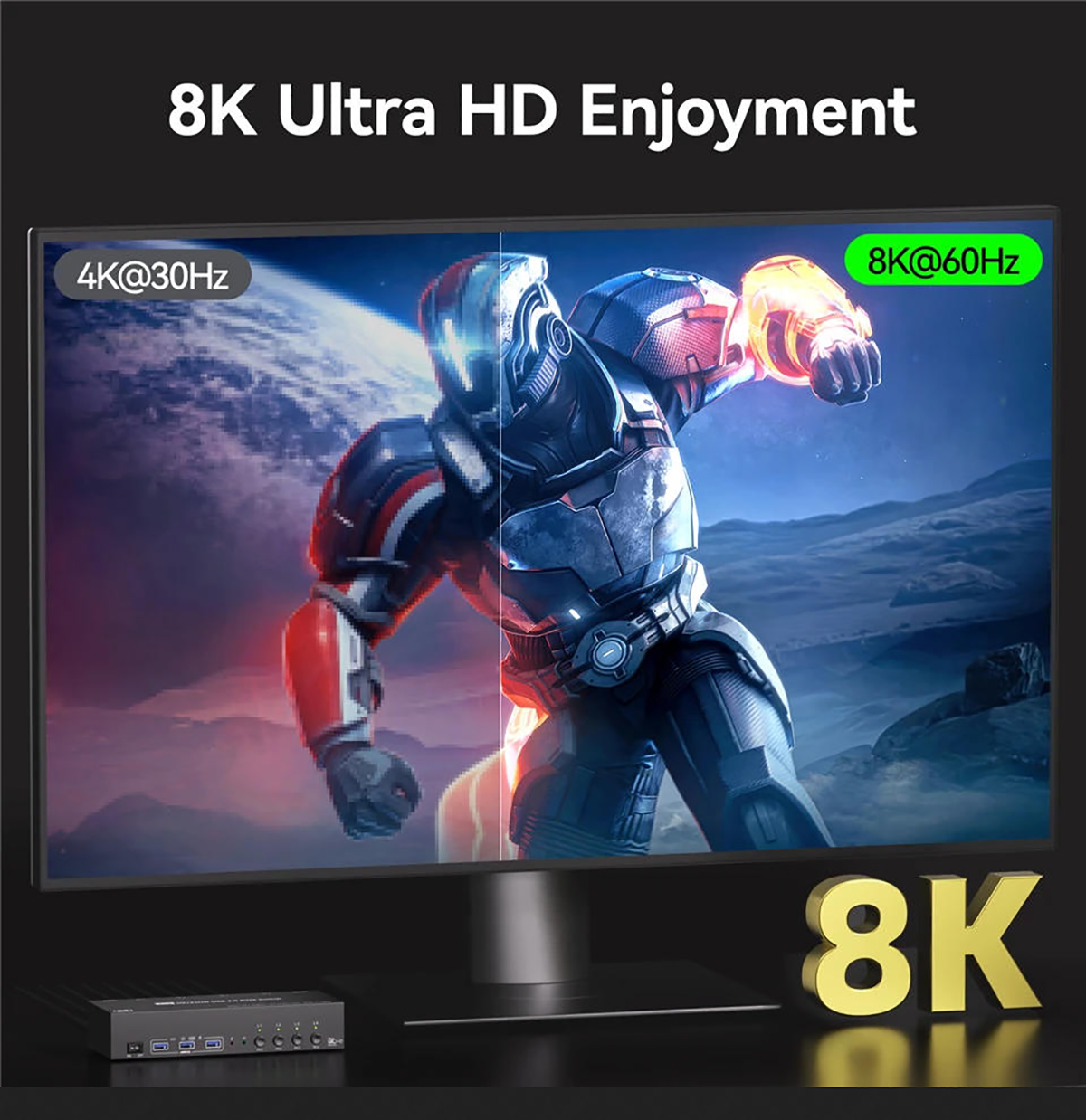 Note: Please connect the 12V DC power adapter to provide sufficient power. Using a shorter 8K HDMI +