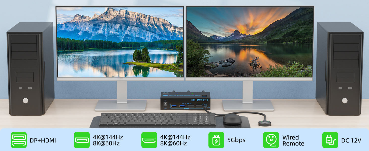 Create An Effective Workspace with 8K Displayport 1.4 HDMI 2.1 KVM Switch
