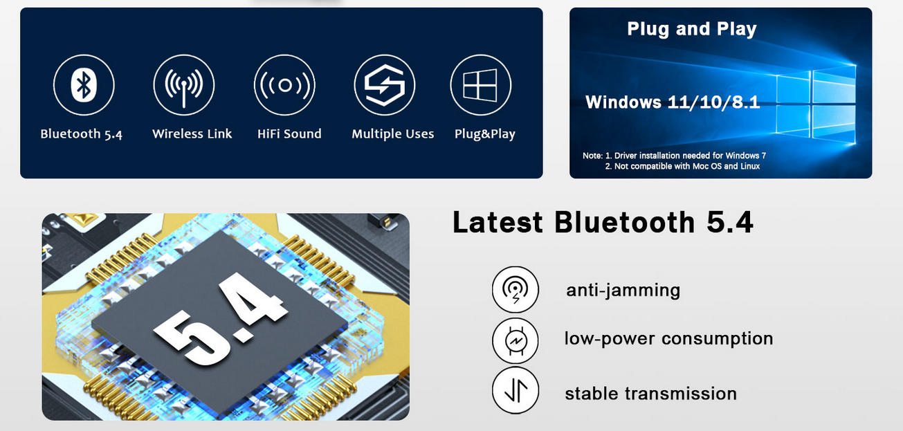 USB Bluetooth 5.4 Adapter for PC, USB Wireless Bluetooth Adapter Dongle Receiver