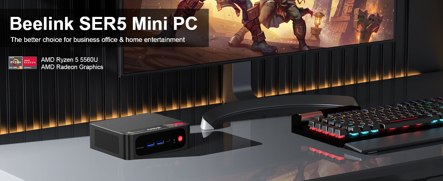 Beelink Mini PC SER5 AMD Ryzen5 5560U,Mini Computer 8GB DDR4 RAM 