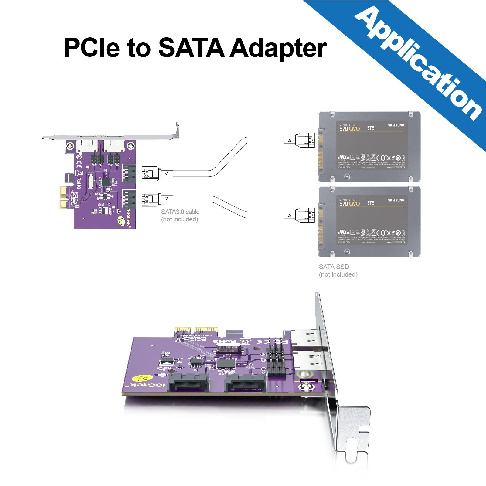 10Gtek PCIe SATA Card 4 Port with 4 SATA Cables and Low Profile