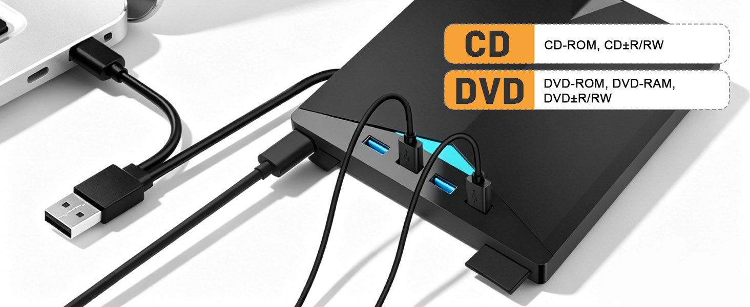 External CD DVD Drive for Laptop, USB 3.0 & Type-C Portable CD DVD +/-RW Burner Writer Reader with S