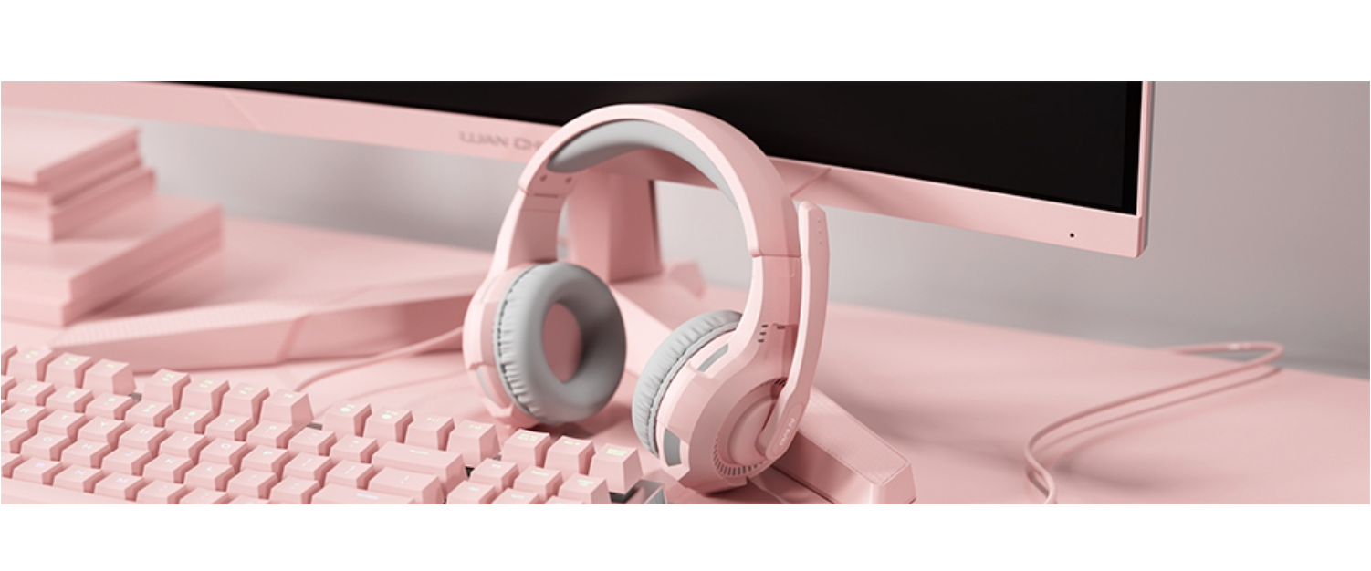 Pink Gaming Headset, Cute Girl Gaming Desk Setup with Mic
