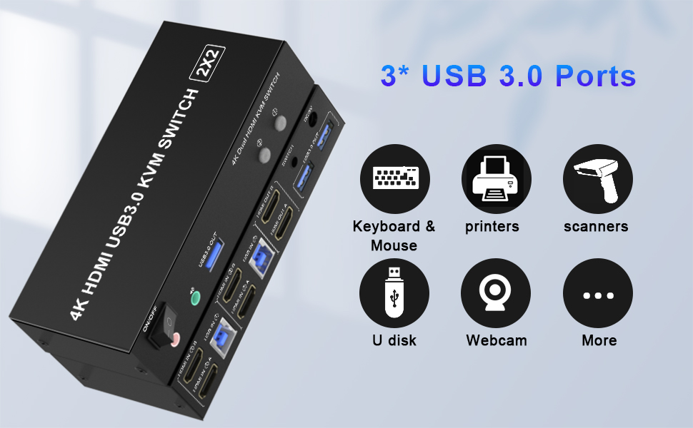 KVM Switch With 3 USB 3.0 Ports This KVM switch comes with 3 USB 3.0 ports for sharing USB flash dri