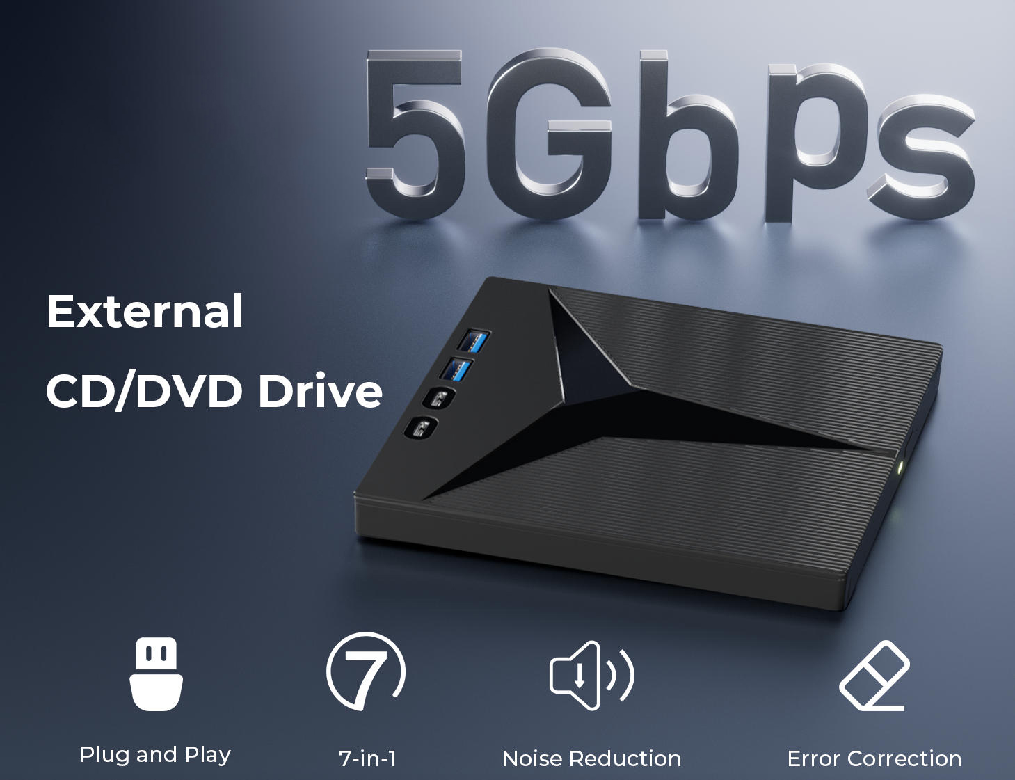 7 in 1 External CD Drive, Portable External CD/DVD Drive for Laptop