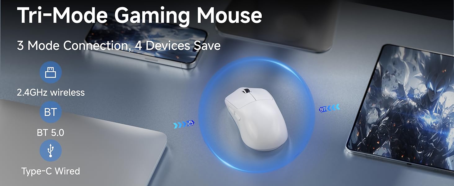 AUTYUE Wireless Gaming Mouse, PAW3311 Sensor, 49g Lightweight Mouse, 12000 DPI, 2.4G/BT5.0/USB-C Tri