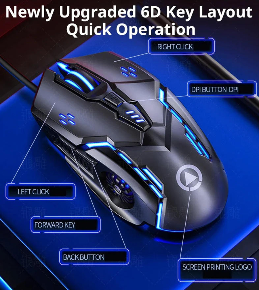 6 Keys Wired Gaming Mouse & Fire Button, Red Blue Colors Led Breathing, Adjustable DPI up to 3200 DP