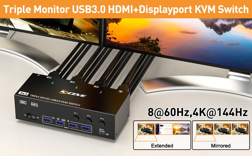 3 Monitor USB 3.0 HDMI+2 Displayport KVM Switch