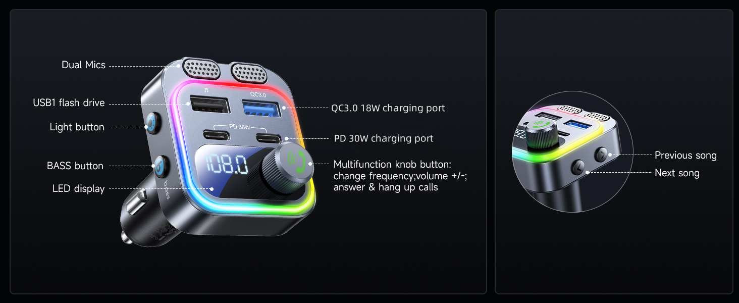 Upgrade 5.4 FM Transmitter Bluetooth Car Adapter [60w Fast Charging]