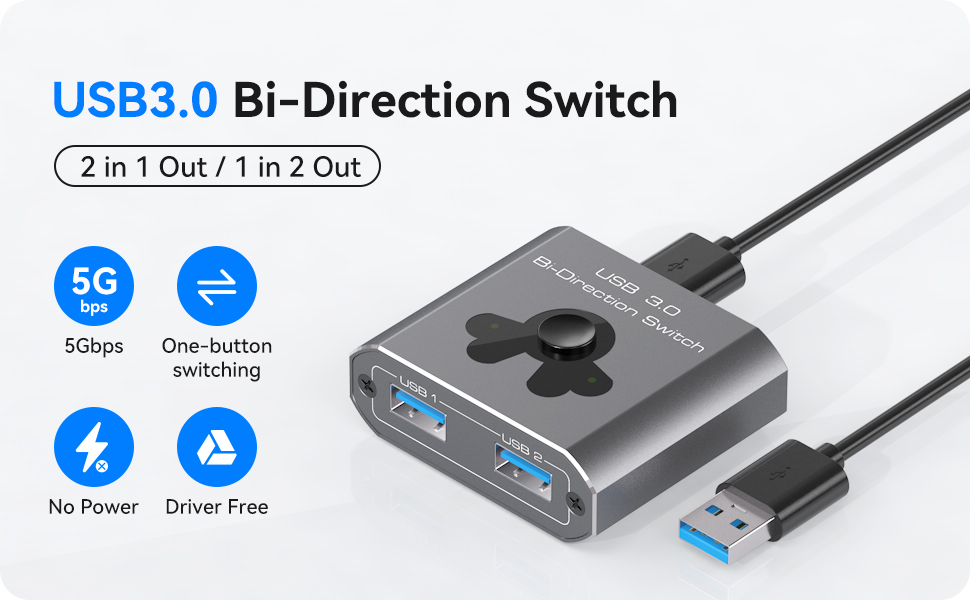 USB 3.0 Switch, Bi-Directional USB Switch 2 in 1 Out / 1 in 2 Out, YINNCEEN  USB Switcher 2 Computers Share Keyboard Mouse Scanner Printer, USB KVM