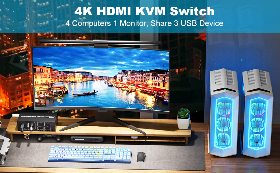 HDMI KVM Switch 4 in 1 Out 4K@60Hz, 4 Port HDMI KVM Switch for 4 Computers Share 1 Monitor Keyboard
