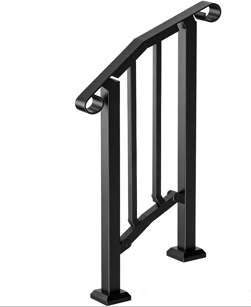 2-3 Steps Adjustable Black Stair Handrail, Indoor Outdoor Carbon Steel Porch Railing for Concrete Wo
