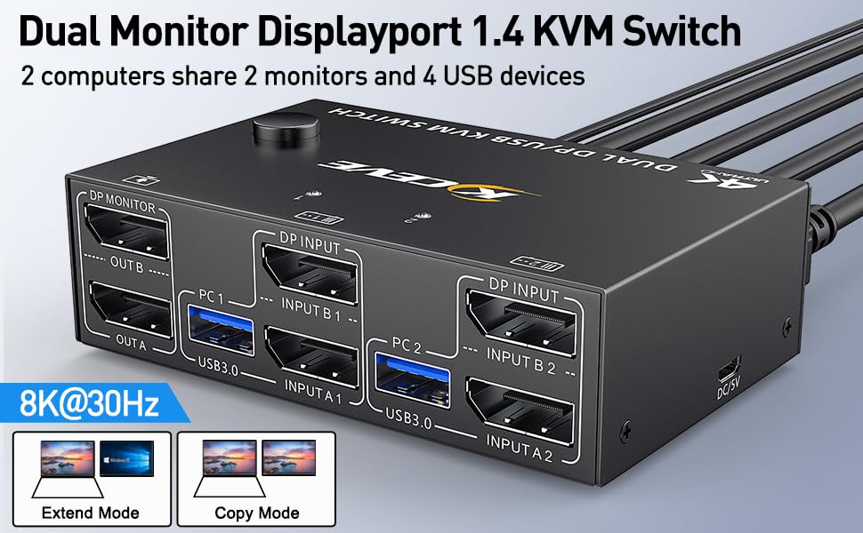 USB 3.0 Dual Monitor DisplayPort KVM Switch 8K @30Hz 4K @60Hz, 2 in 2 Out  DP KVM Switch 2 PC 2 Monitors, KVM switches with 4 USB 3.0 ports for 2 PCs, 
