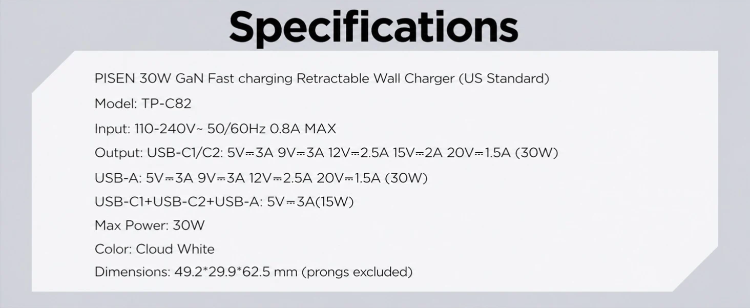 PISEN TP-C82 30W GaN Fast Charging Retractable Wall Charger Set