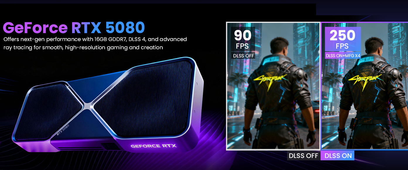 NVIDIA GeForce RTX 5080 graphics image and DLSS ON/OFF compare