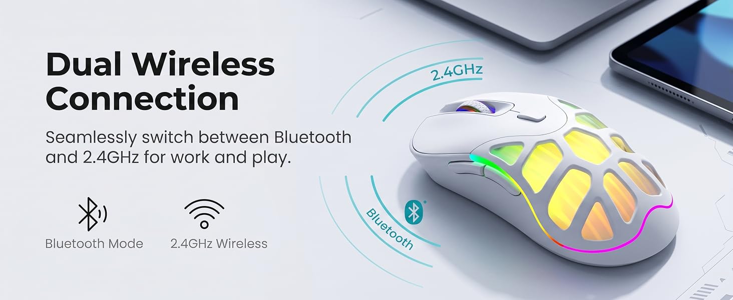 Wireless Gaming Mouse, Bluetooth/2.4G, 6400 DPI, RGB -White | Dual-Mode Bluetooth/2.4G Wireless Mous