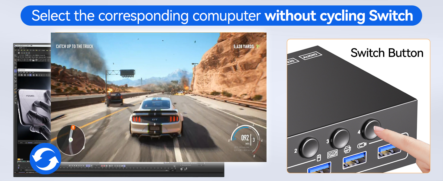 This dual monitor HDMI KVM switch features 3 switching modes: 1. 1.5m wired remote (included); 2. Pa