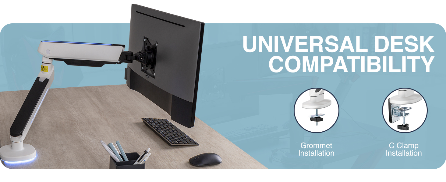 single monitor arm, LED monitor arm, RGB monitor arm, gaming monitor arm, VESA mount, ergonomic