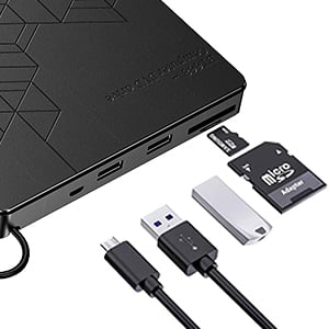 5-in-1 Drive The external CD drive has two USB ports, 1 power port, 1 SD slot and 1 TF slot. PS: You