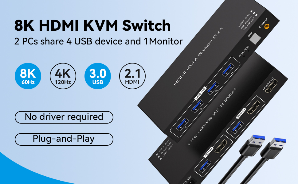 8K HDMI KVM switch 2 in 1 out for 2 computers sharing 1 monitor and keyboard and mouse