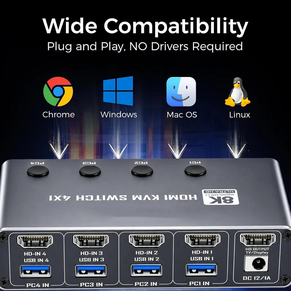 4K@240Hz 4 Port HDMI KVM Switch, 4x1 8K@60Hz HDMI KVM Switches for 4 Computers One Monitor with 4 Po