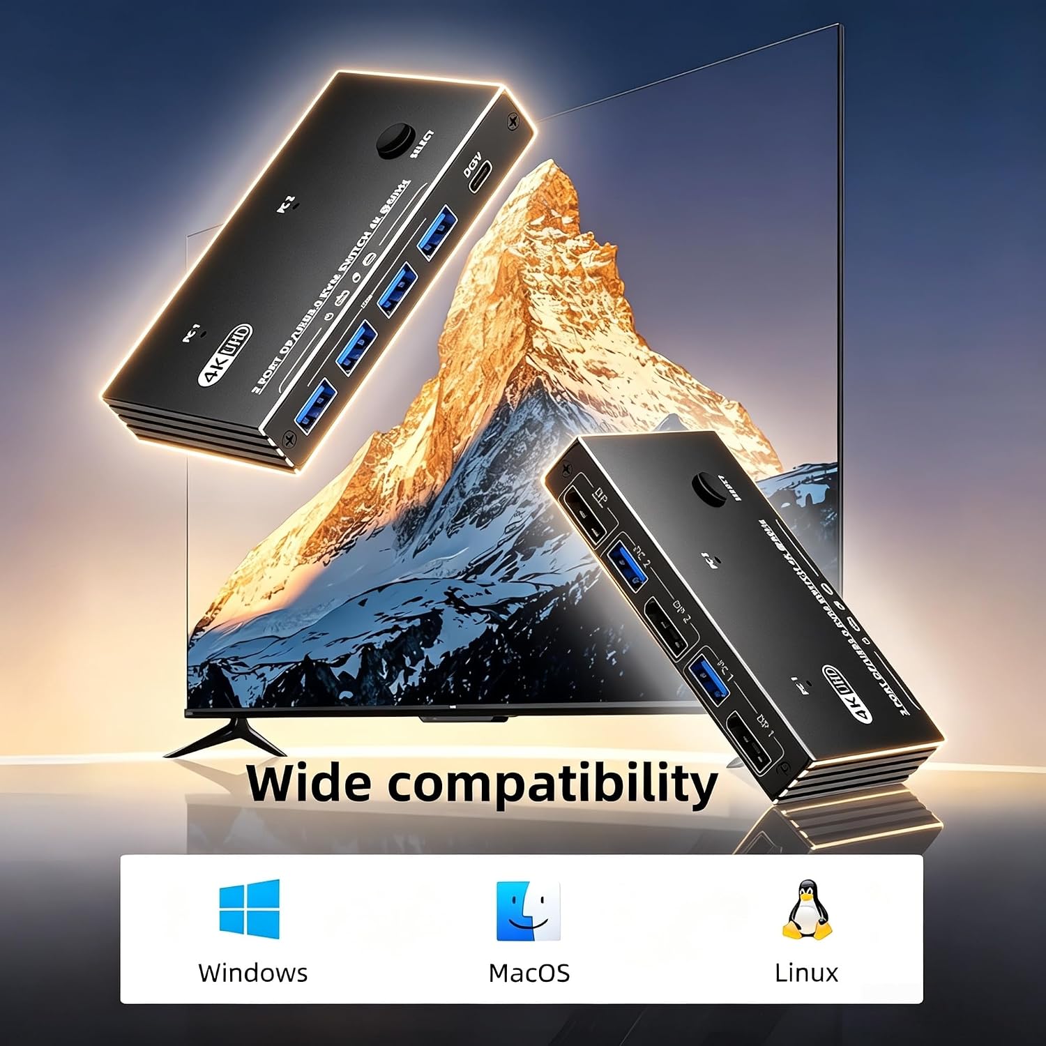4K@60Hz Displayport KVM Switch 2 PC 1 Monitor with 2 USB Cables | KVM Switcher Support 4K@60Hz, 4 Po