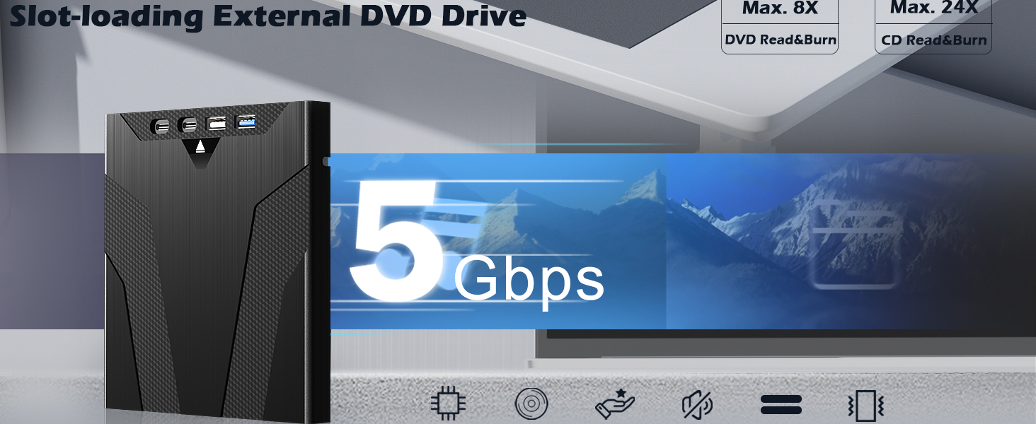 8 in 1 External CD/DVD Drive for Laptops, Slot-Loading Portable CD Reader for Laptop, CDs Drive Exte