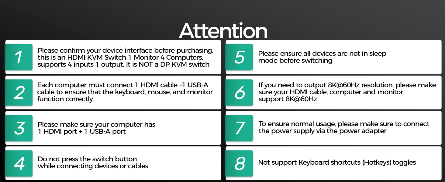 8K@60Hz HDMI KVM Switch 4 Computers 1 Monitor - 4 Ports USB 3.0 (3 USB A+1C) Aluminum KVM Switches