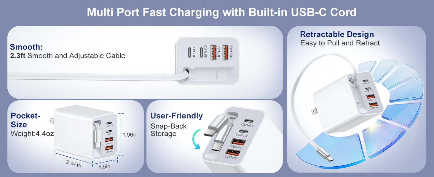 [2 PACK] 40W Retractable Wall Charger, 5-in-1 Dual USB-A & USB-C Phone Fast Charger, Multi Ports USB