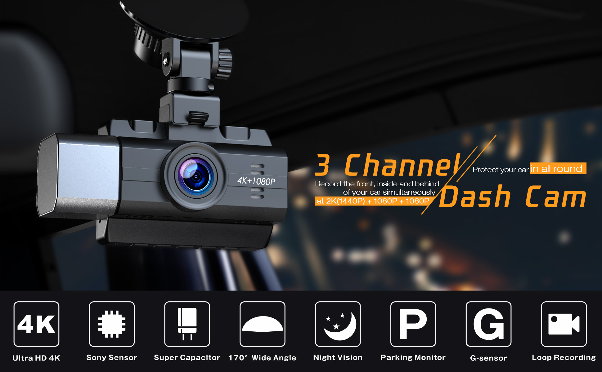 CAMPARK Three Channel Dash Camera-2021 Newest Model. 