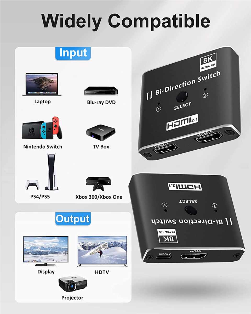 NeweggBusiness - HDMI Switch 4K@120Hz, Bidirectional HDMI2.1 Splitter 2 in  1 Out HDMI Switcher 1 in 2 Out Box Support 4K@120Hz,8K@60Hz Compatible with  PS5/4 Xbox TV Fire Stick Nintendo