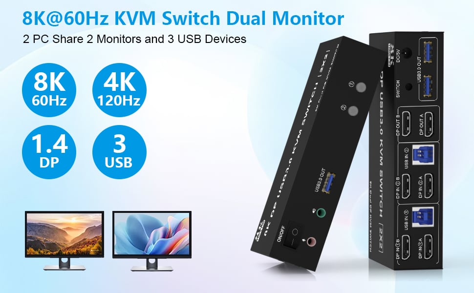 2 Ports Dual Monitor KVM Switch, 2 computers share 2 monitors and 3 USB3.0 devices and A