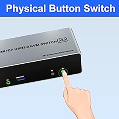 Switch by Panel button Push-button design allows for one-touch switching using a button on the KVM S