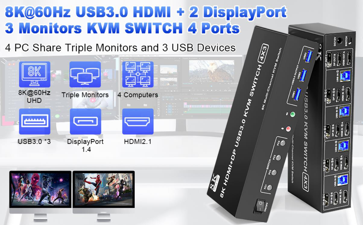 8K@60Hz 2 Displayport + HDMI USB3.0 KVM Switch 3 Monitors 4 Computers, 2 DP 1.4 + HDMI2.1 Triple