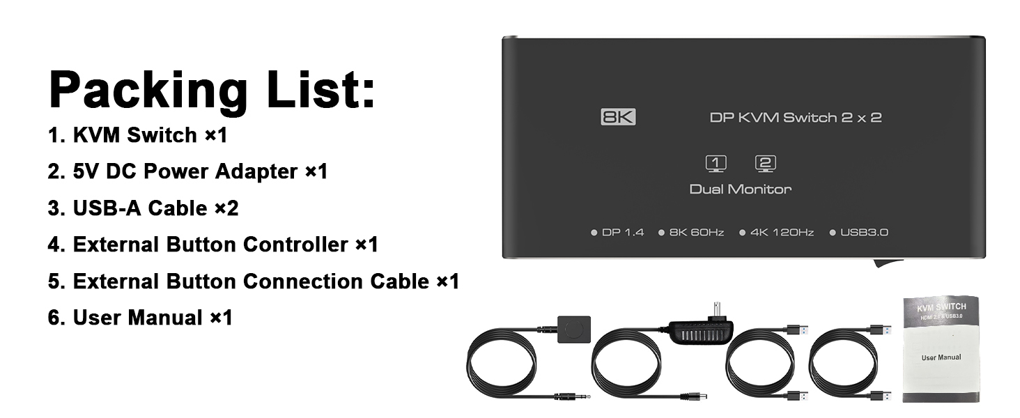 Dual Monitor DisplayPort KVM Switch 2 Monitors 2 Computers 8K@60Hz 4K@144Hz, DP KVM Switches