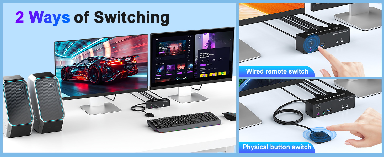 4K KVM Switch 3 Monitors 2 Computers Triple Monitor Displayport + 2 HDMI USB 3.0 KVM Switches