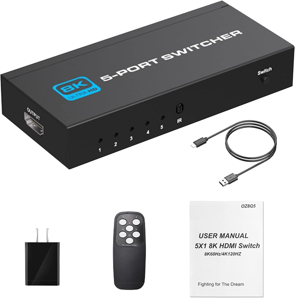 Support 8K@60Hz 4K@120Hz 2K@144Hz 5 In 1 Out Auto-Switching 5x1 Switcher,  Ultra High Speed 48Gbps Splitter Compatible with PS5, Xbox, Apple TV, Fire  Stick 